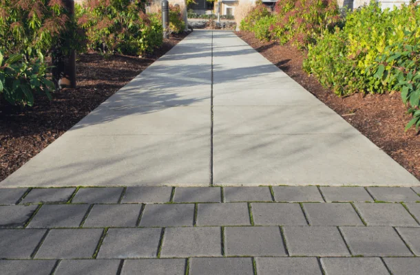 Paved commercial walkway with landscaping beds