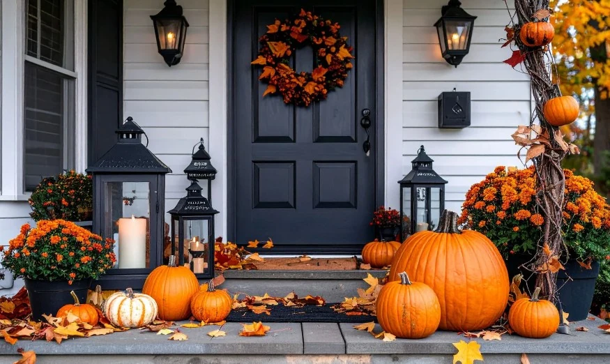Front porch decorated with pumpkins, mums, and a fall wreath — fall porch decorating services in Charlottesville, VA