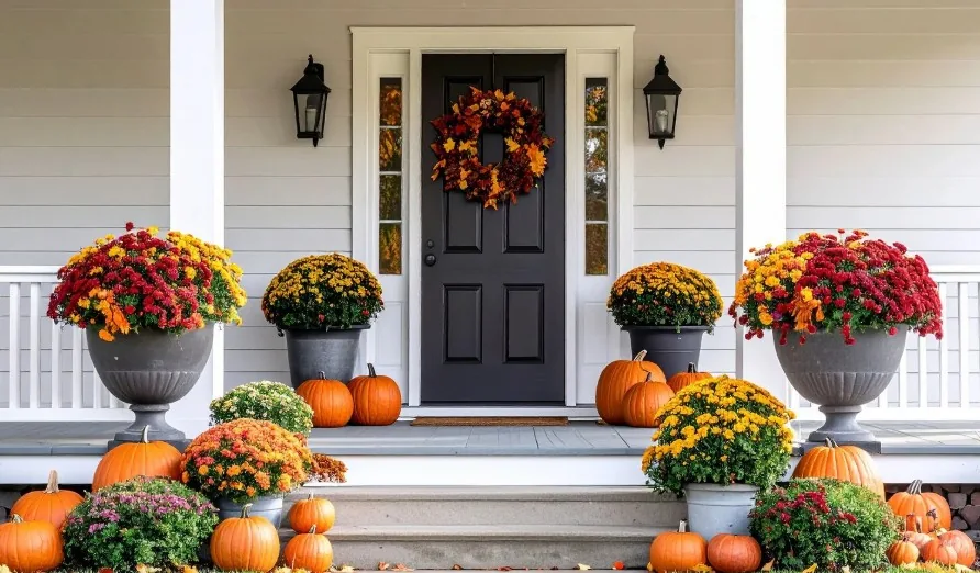 Pumpkins, lanterns, and fall wreath on a front porch — fall porch decorating services in Charlottesville, VA